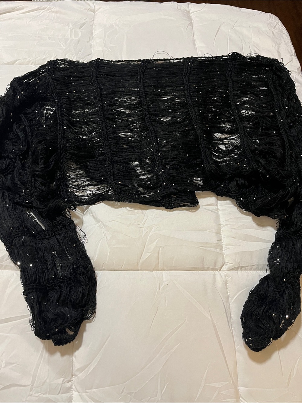Black Distressed Open-Knit Sequin Accent Cropped Sweater